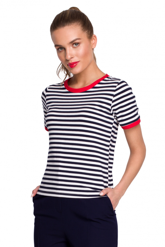 Bluzka Damska T-Shirt Marynarskie Paski Wiskoza Krótki Rękaw - m1